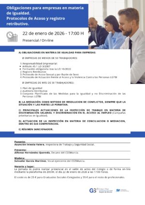 No Colegiados: JORNADA SOBRE OBLIGACIONES PARA EMPRESA EN MATERIA DE IGUALDAD. PROTOCOLOS DE ACOSO Y REGISTRO RETRIBUTIVO